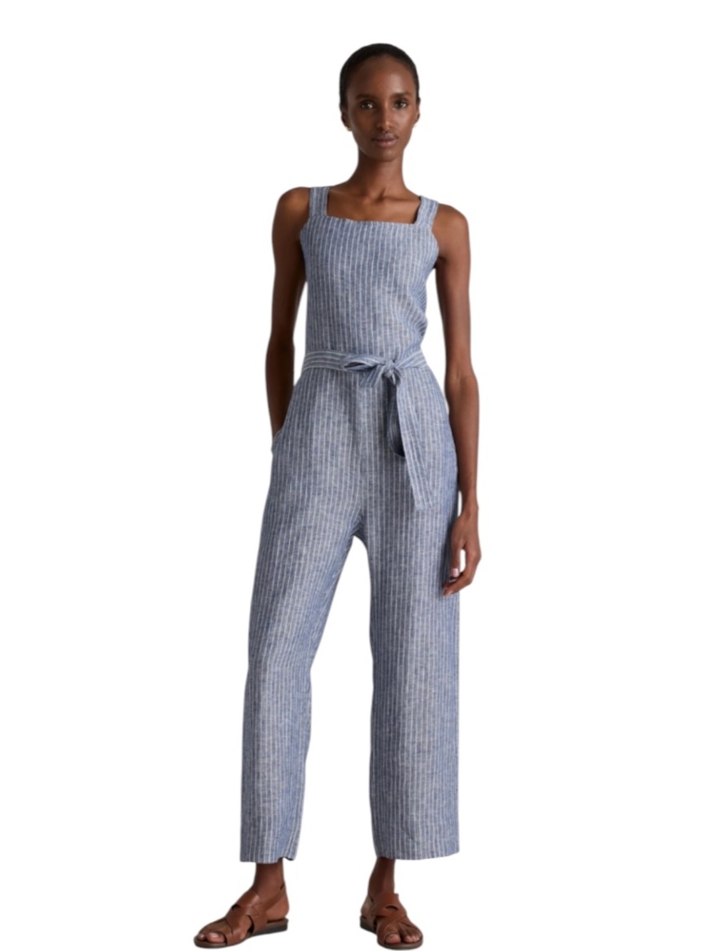 Quince Jumpsuit Womens S European Linen Square Neck Wide Leg Pockets Resortwear